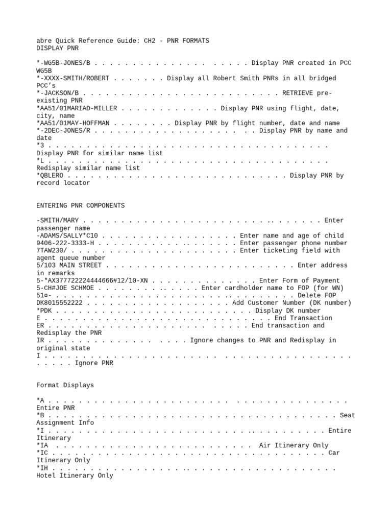 PNR Formats Quick Reference Guide | PDF | Transport | Airlines