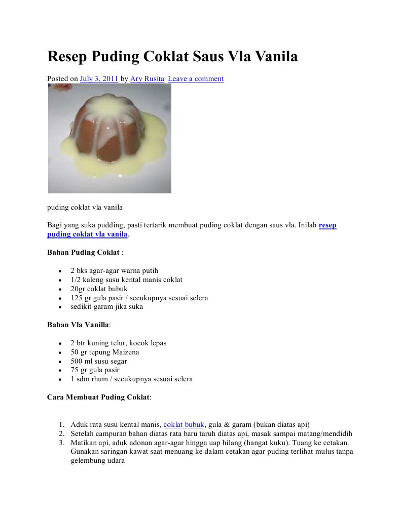 Resep Puding Coklat Vla Vanila