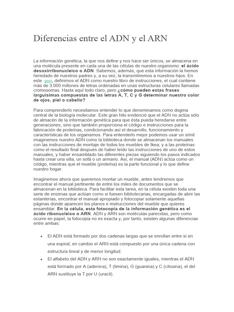 Diferencias Entre El ADN y El ARN | PDF | Adn | Rna