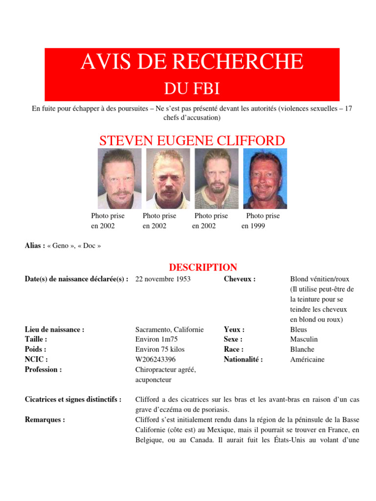 Avis de recherche : Steven Eugene Clifford | PDF | Justice | Crime et ...