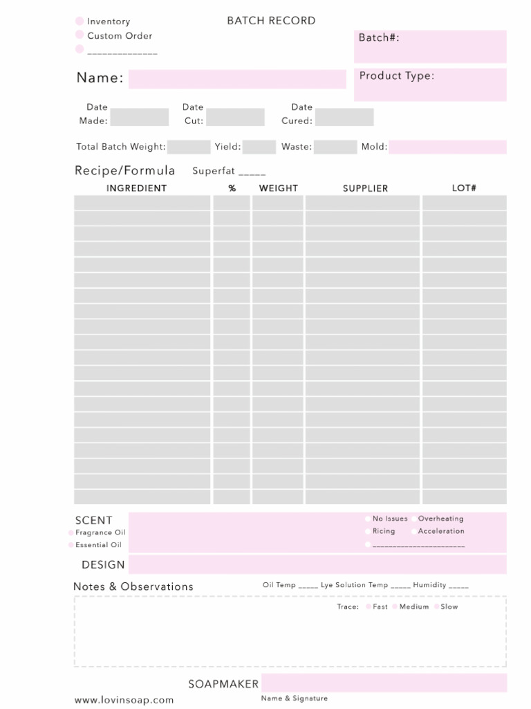 Batch Sheet and Soap Cure Card | PDF