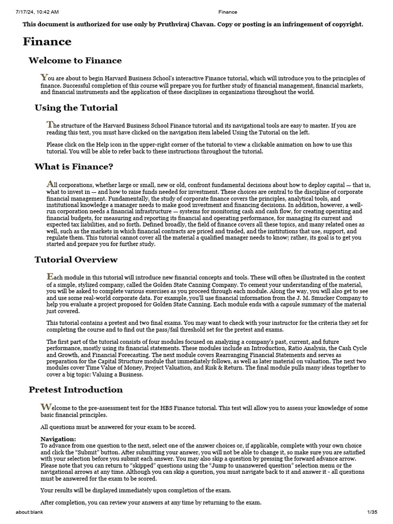 Harvard Finance Tutorial Overview | PDF | Leverage (Finance) | Market ...