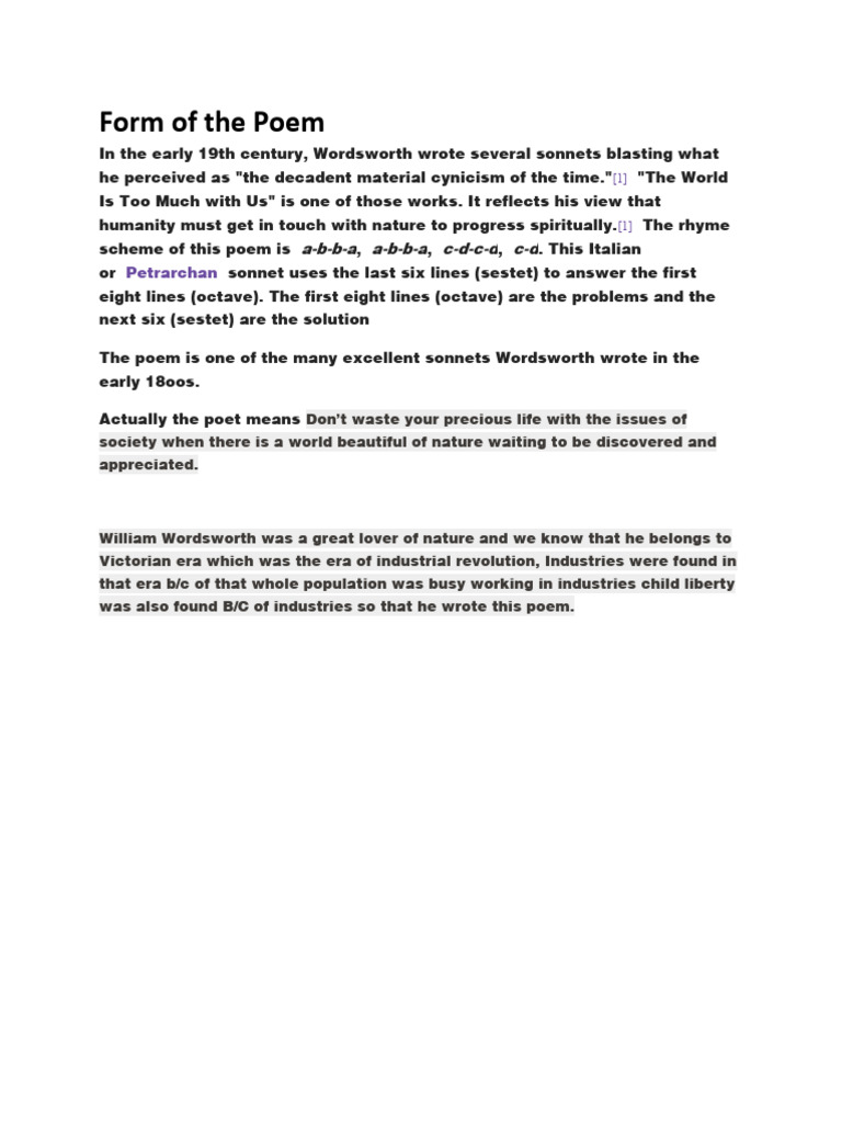 Form of The Poem The World Is Too Much With Us | PDF