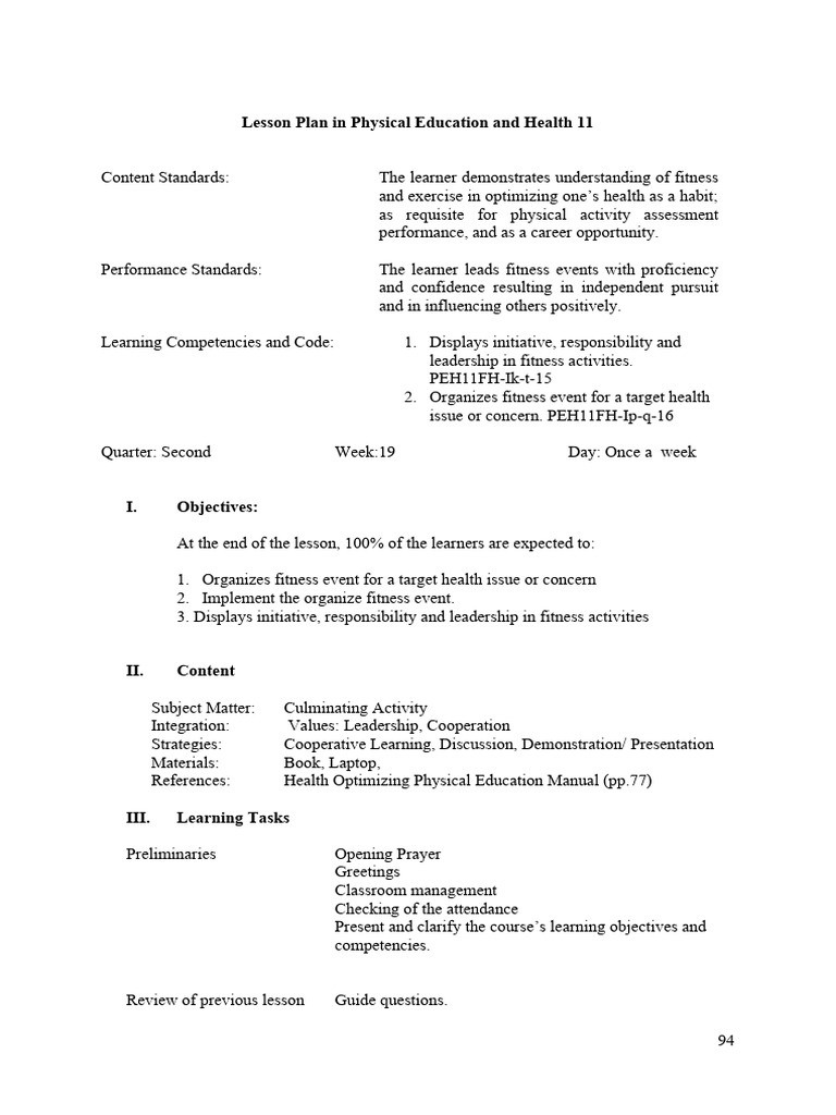 Fitness Event Leadership Lesson Plan | PDF | Learning | Physical Education