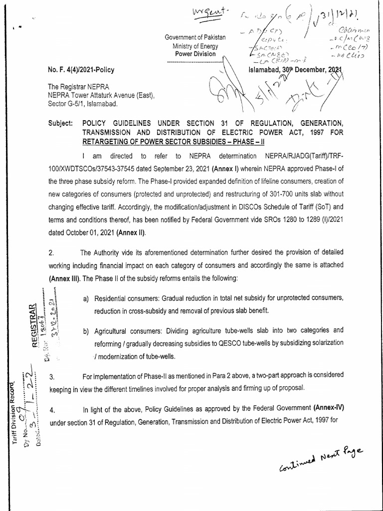 Policy guidelines under section 31 of regulation generation