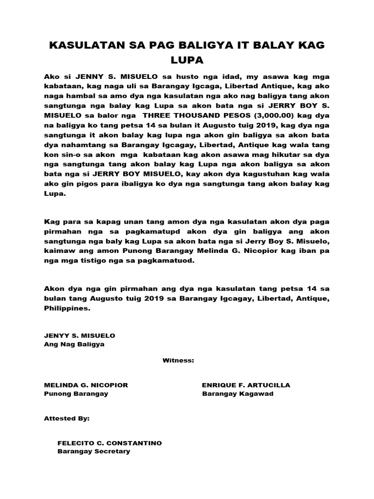 Kasulatan Sa Pag Baligya It Lupa Tangkad | PDF