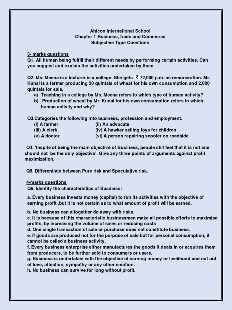BST XI CH1 - Subjective Questions | PDF | Employment | Business