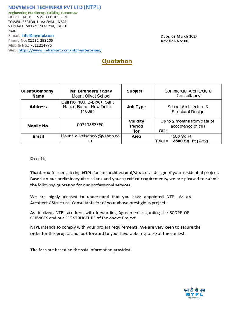 NTPL School Architectural Quotation | PDF | Technology & Engineering