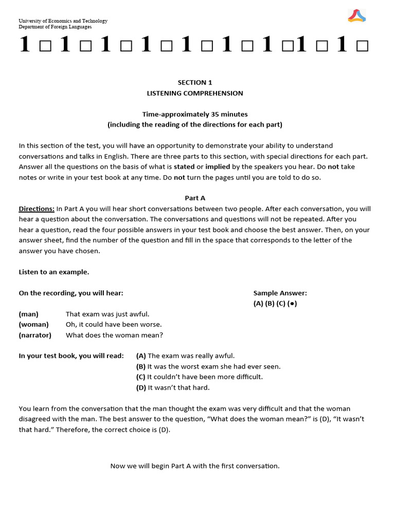 Listening Comprehension Test Guide | PDF | Conversation | Question