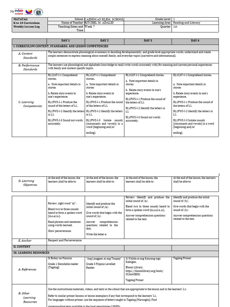 Grade 1 Reading Lesson Plan | PDF | Tagalog Language | Reading ...
