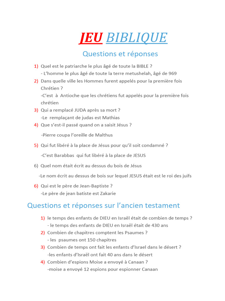Quiz Biblique : Questions & Réponses | PDF | Livres des Rois | Moïse