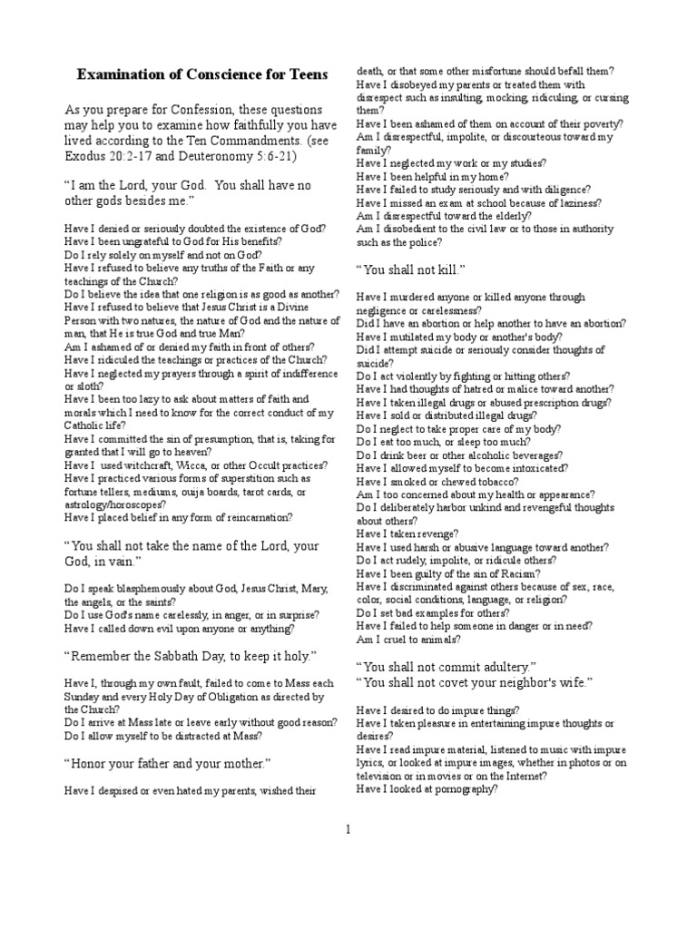 Examination of Conscience for Teens Seven Deadly Sins Religious Behaviour And Experience