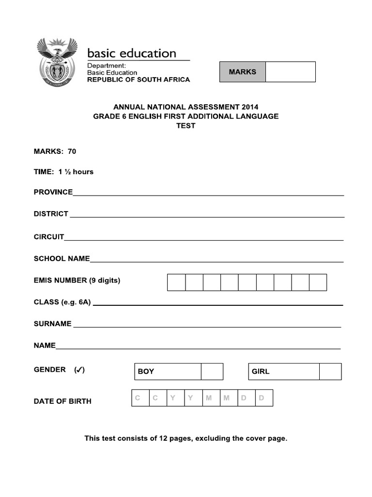 2014 Ana Grade 6 English Fal Test Pdf