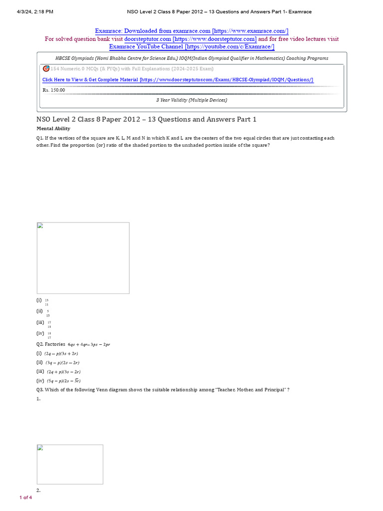 NSO Level 2 Class 8 Paper 2012 13 Part 1 | PDF