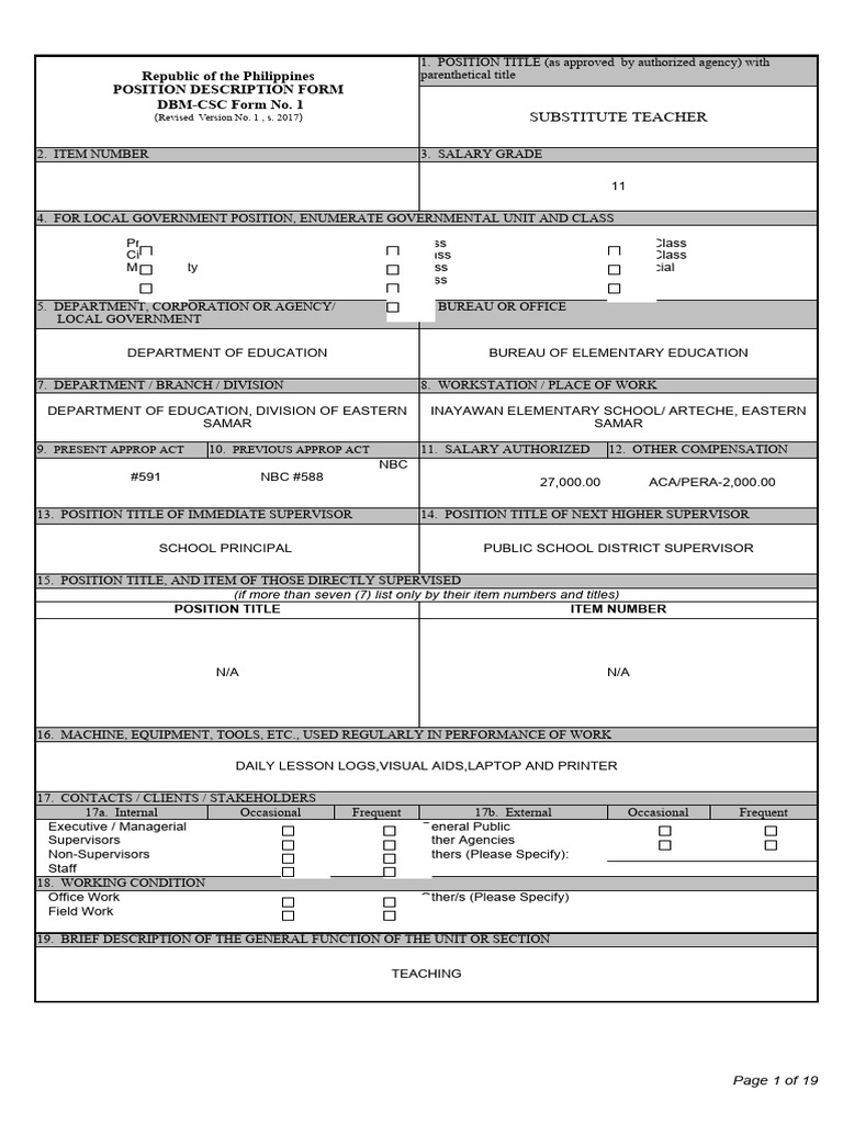 DBM CSC Form No. 1PDF Elem and Secondary | PDF | Teachers | Classroom