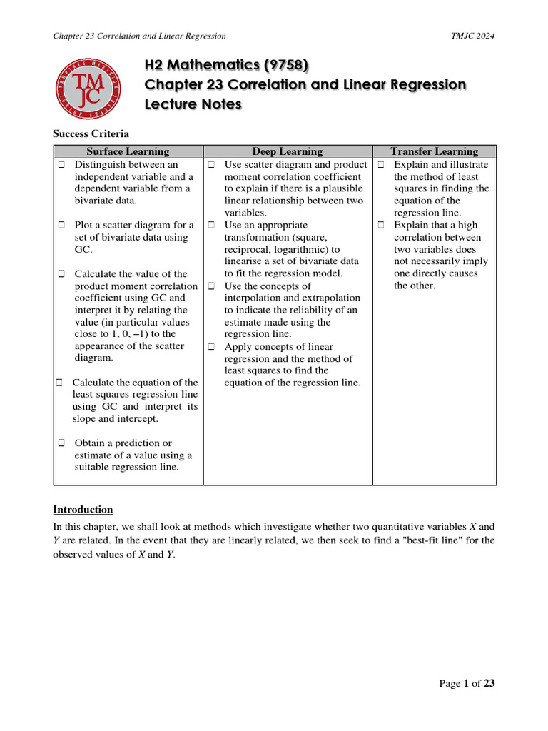 Chapter 23 Correlation and Linear Regression Lecture Notes | PDF ...