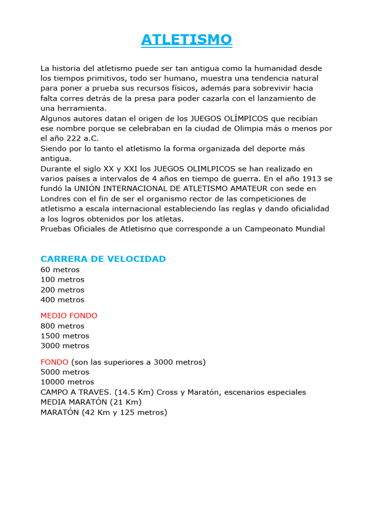 Historia y Pruebas del Atletismo | PDF | Deporte del atletismo | Atletismo