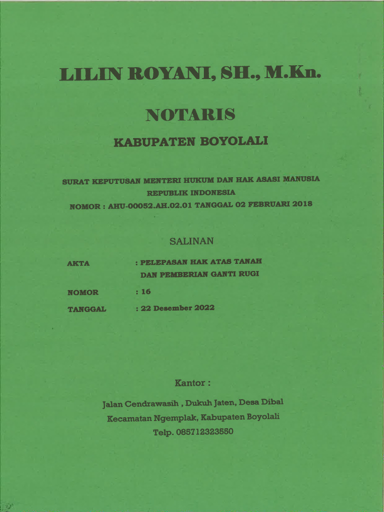 Akta Pelepasan Hak Atas Tanah Dan Pemberian Ganti Rugi No 16 | PDF