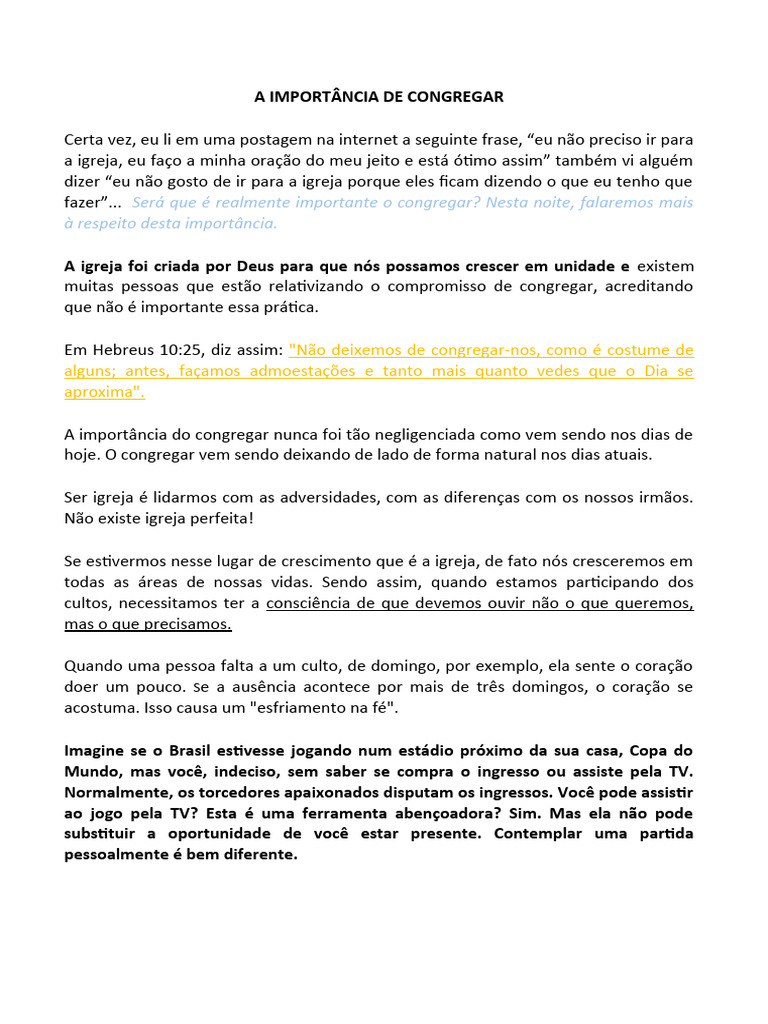 A Importância de Congregar | PDF | Igreja cristã | Primeira Epístola ...