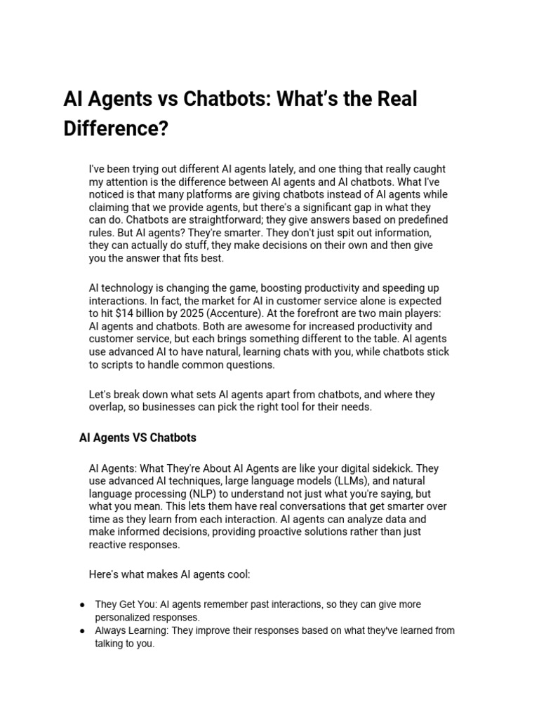 AI Agents vs Chatbots Explained | PDF | Artificial Intelligence ...