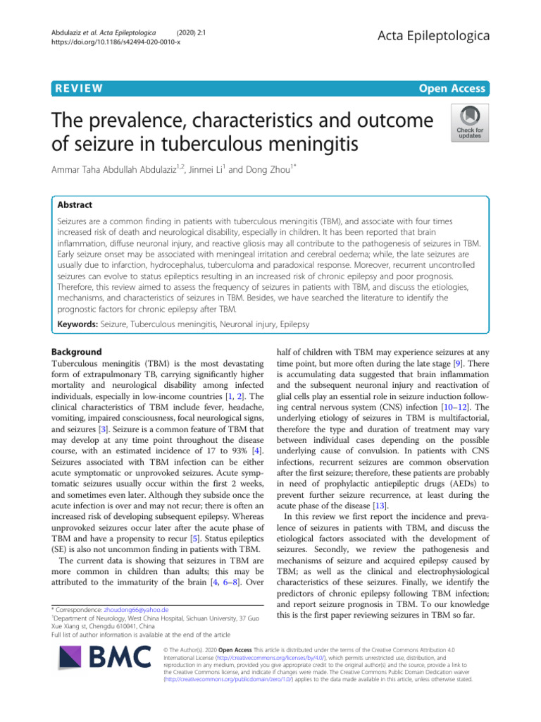 The Prevalence, Characteristics and Outcome of Seizure in Tuberculous ...