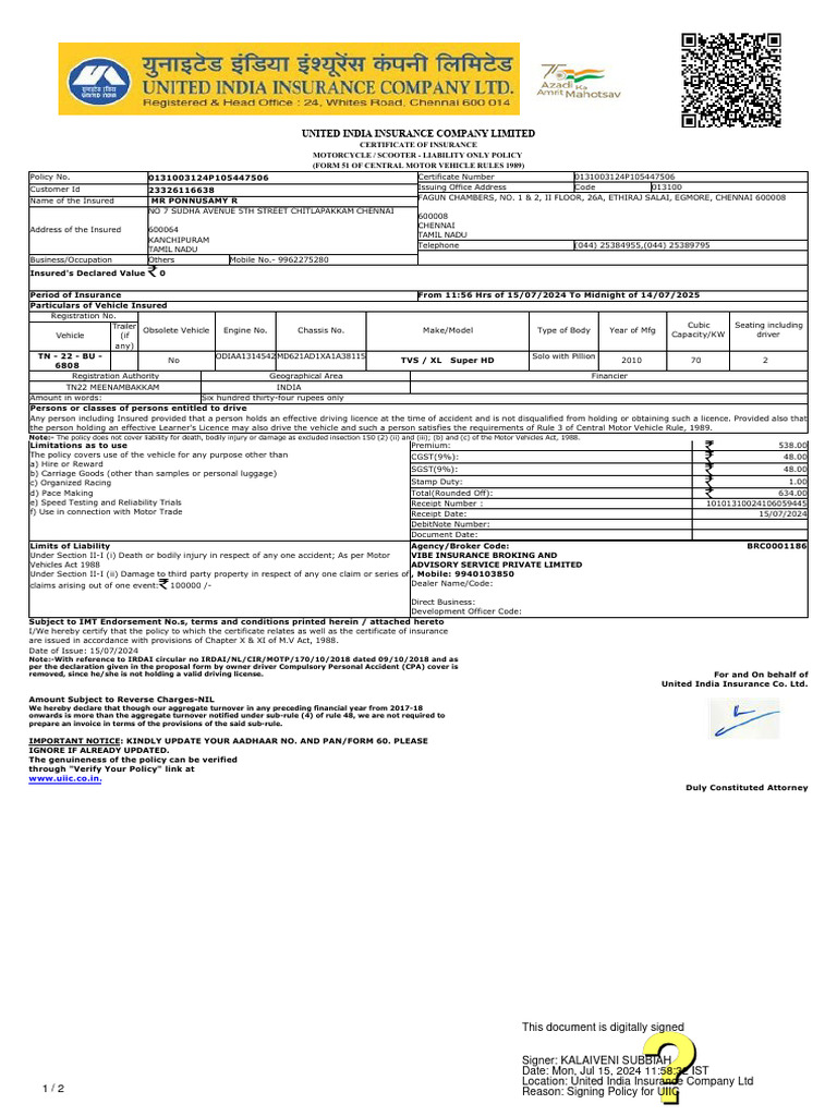 United India Insurance Company Limited: This Document Is Digitally ...