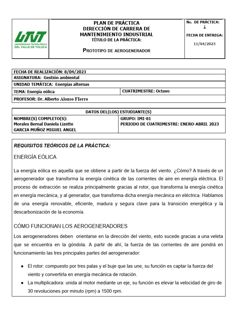Prototipo Innovador de Aerogenerador | PDF | Energía eólica | Generador ...