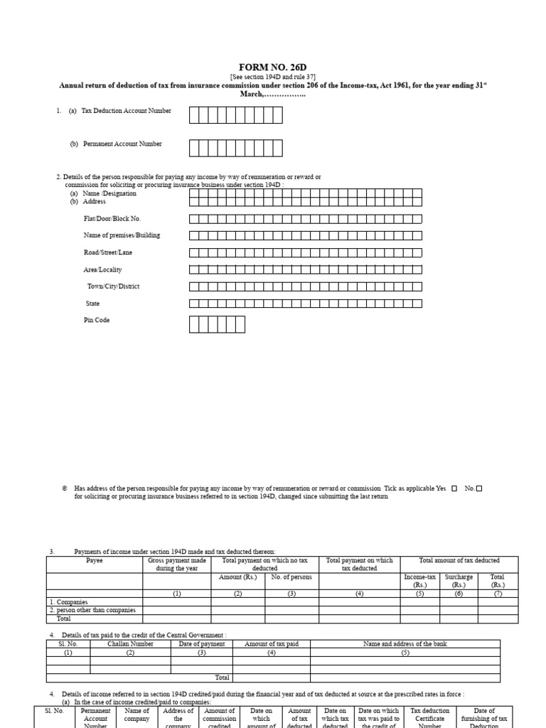 Form no 26 d annual return of deduction of tax from insurance