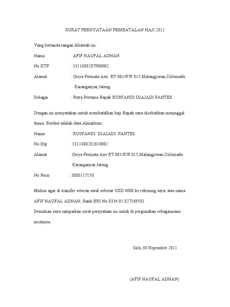 Surat Pernyataan Pembatalan Haji 2012