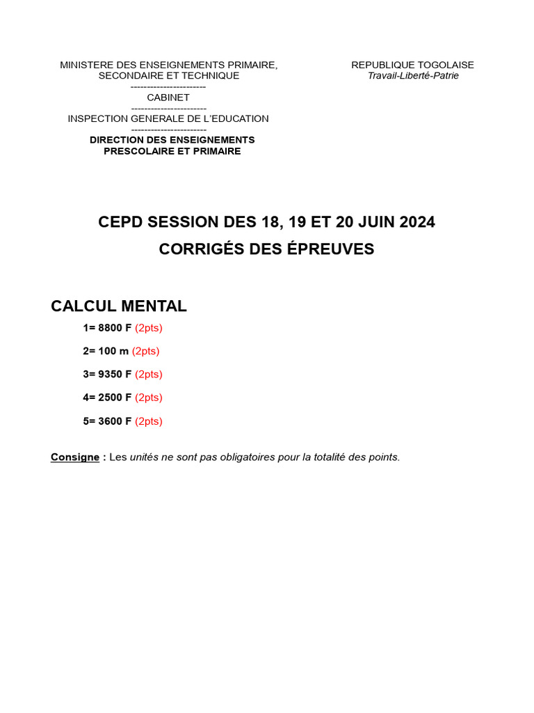 Corrigés des épreuves CEPD 2024 Togo | PDF