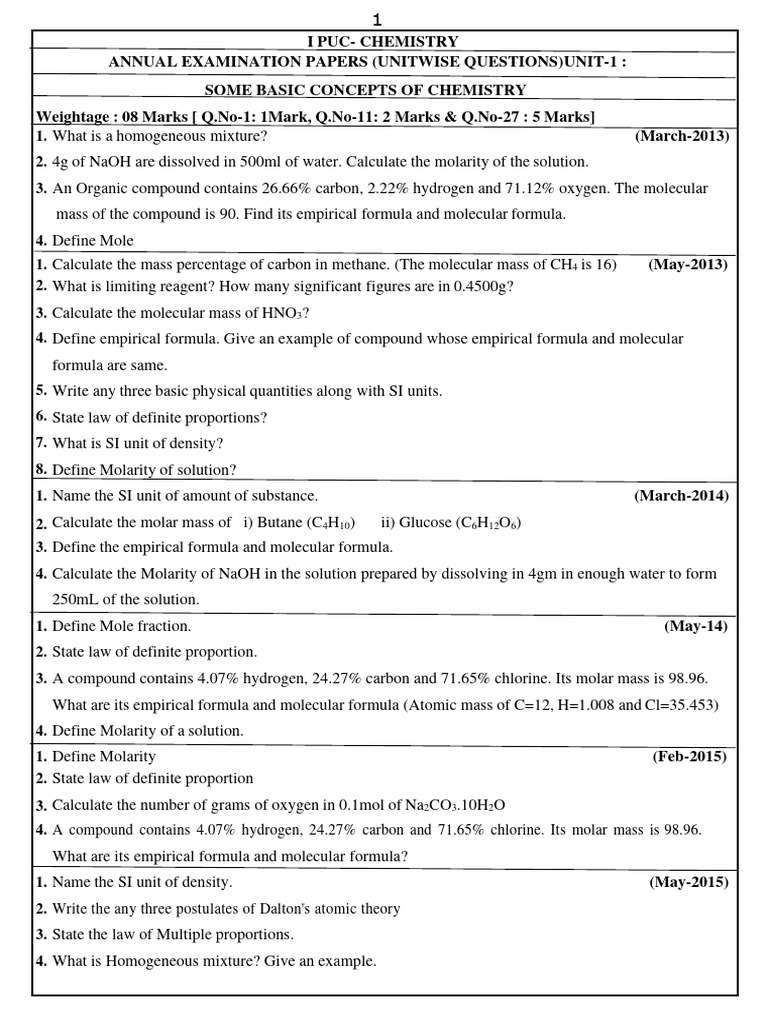 PUC I Year ... CHEMISTRY Chapterwise Imp Questions | PDF | Gases ...