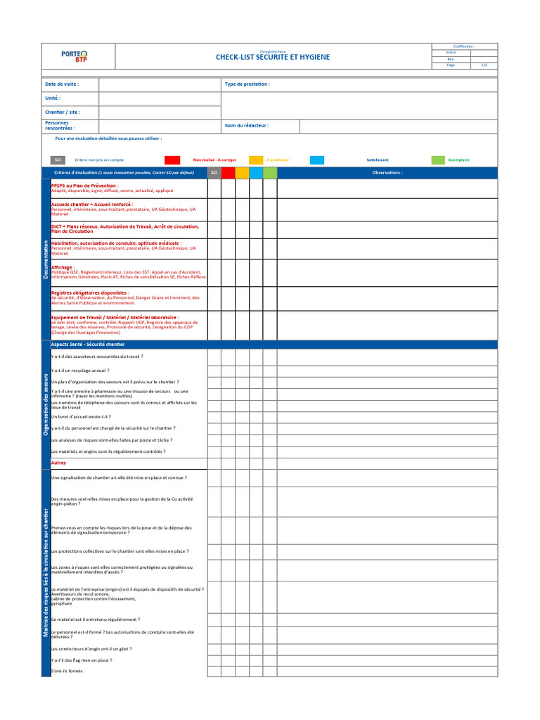 Checklist Sécurité et Hygiène Chantier | PDF | Sécurité