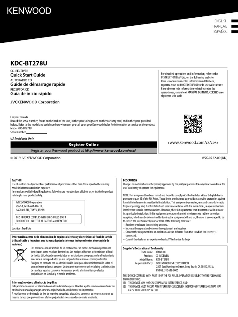 KDC-BT278U Quick Start Guide | PDF | License | Copyright