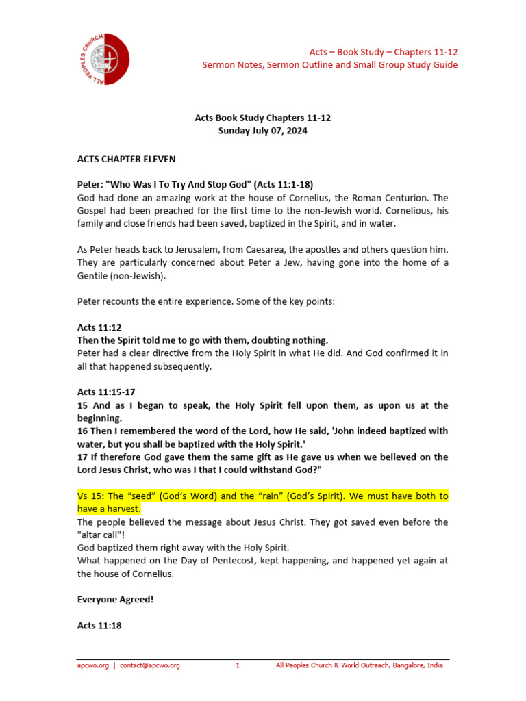 2024 07 07 Acts Book Study Chapters 11 12 Ps Ashish Raichur | PDF ...