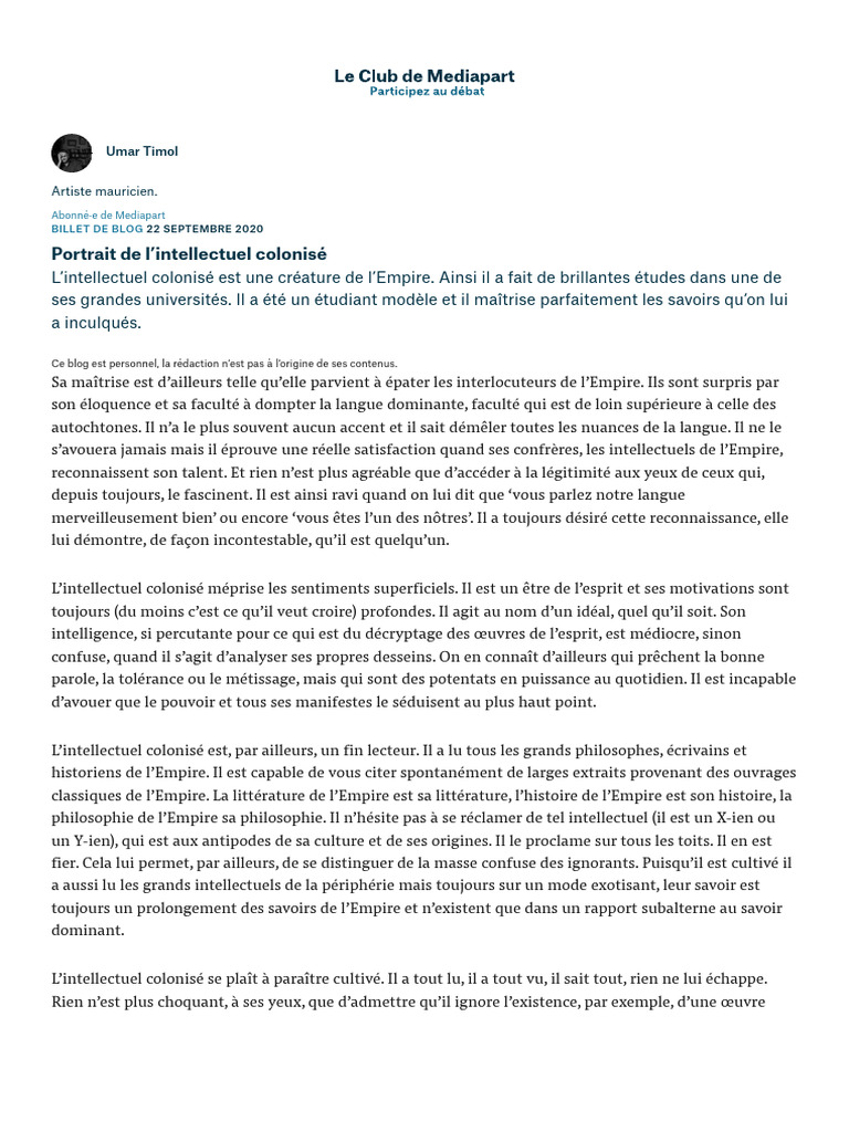 Portrait de l'intellectuel colonisé | PDF | Intellectuel | Colonisation