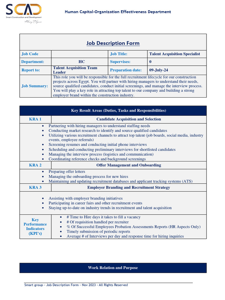 Talent Acquisition Specialist Job Description | PDF | Recruitment ...