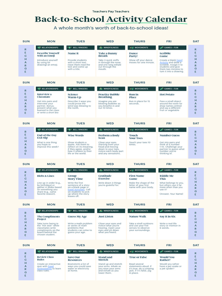 2021 TpT Back to School Activity Calendar PDF