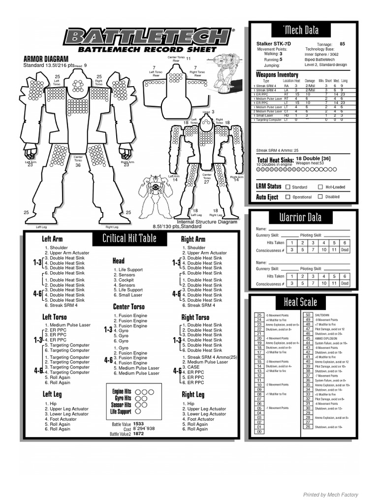 Stalker STK-7D BattleMech Specs | PDF | Quantum Optics | Laser