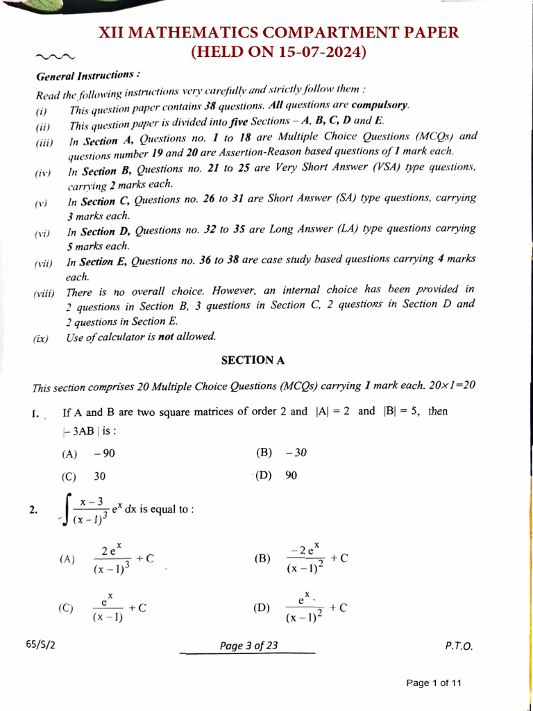 CBSE Class 12 Maths Compartment Paper 2024 | PDF | Matrix (Mathematics ...