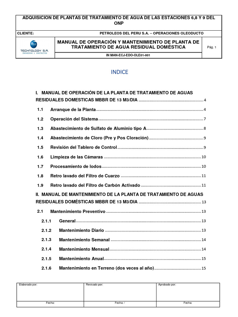Manual de Operación y Mantenimiento de Planta de Tratamiento de Agua ...