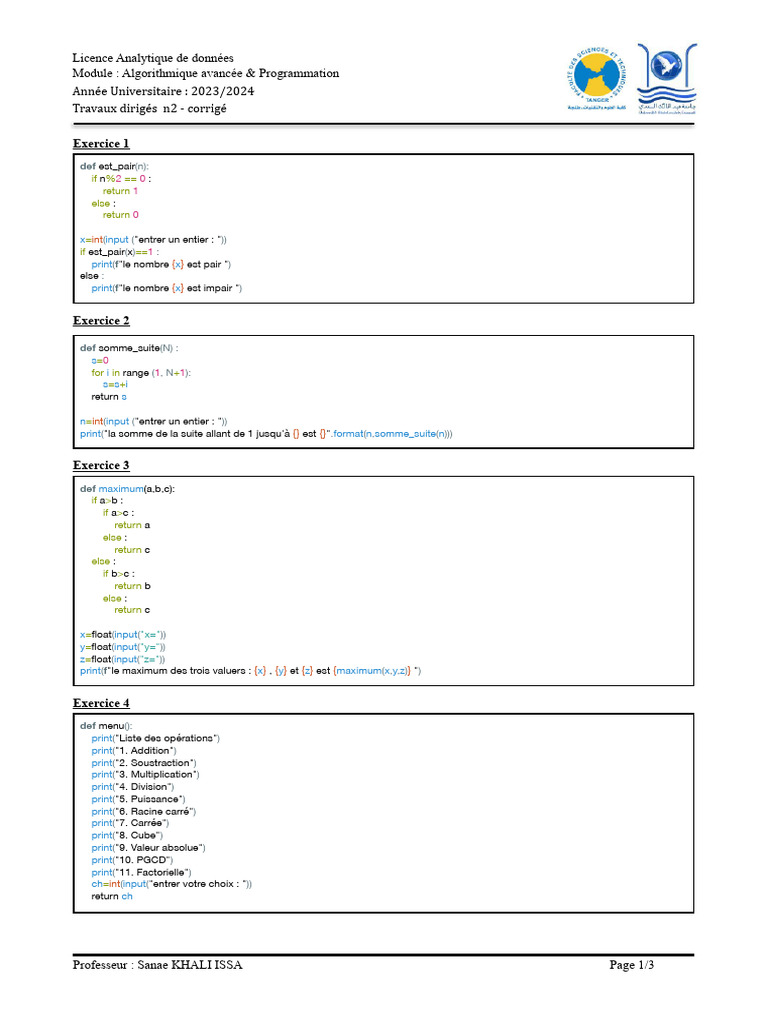 Exercices de programmation Python | PDF | Mathématiques | Arithmétique