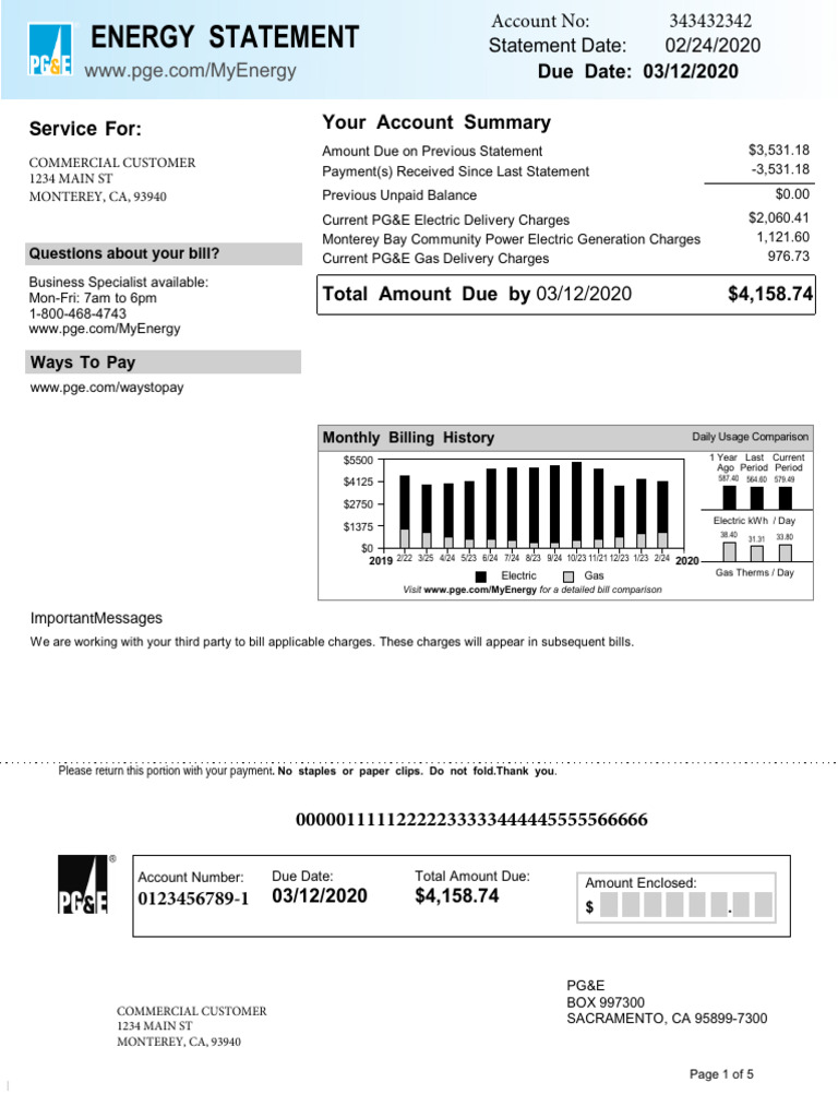 PG&E Commercial Invoice Template | PDF | Pacific Gas And Electric ...