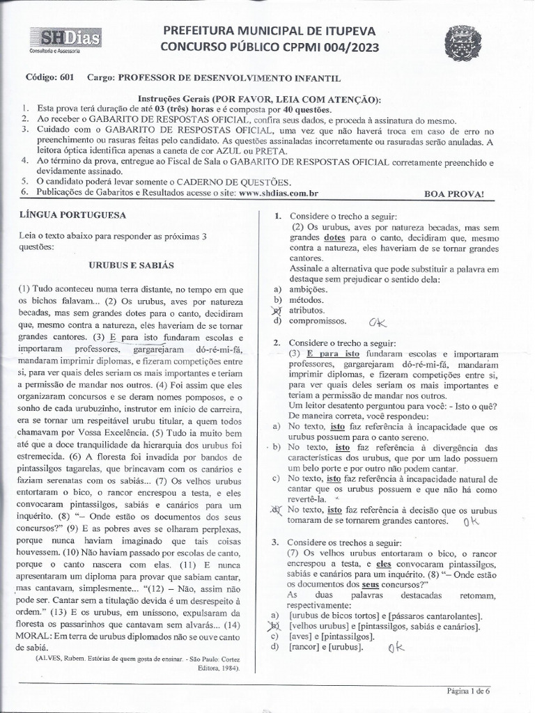 Prova Shdias 2023 - Professor de Desenvolvimento Infantil Itupeva | PDF