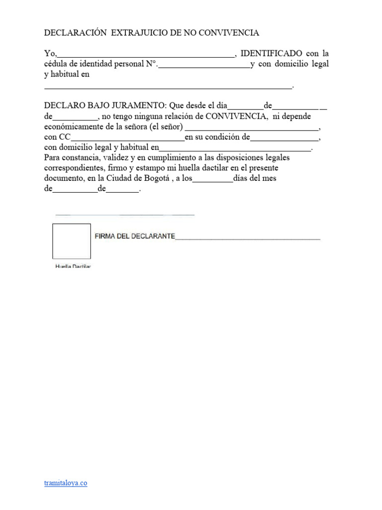 Formato declaracion juramentada de no convivencia pdf