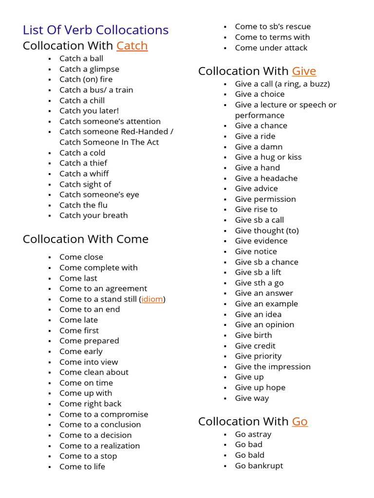 Essential Verb Collocations List | PDF