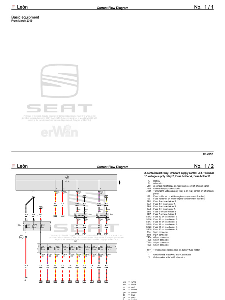 SEAT León Current Flow Diagrams | PDF | Fuse (Electrical) | Headlamp