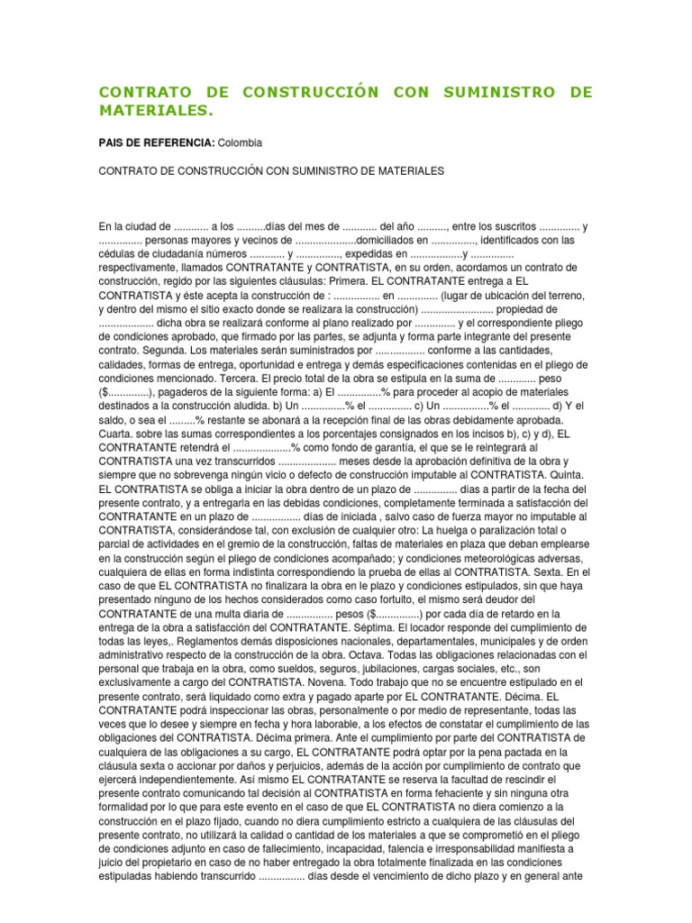 Contrato De Construcción Con Suministro De Materiales Pdf Gobierno