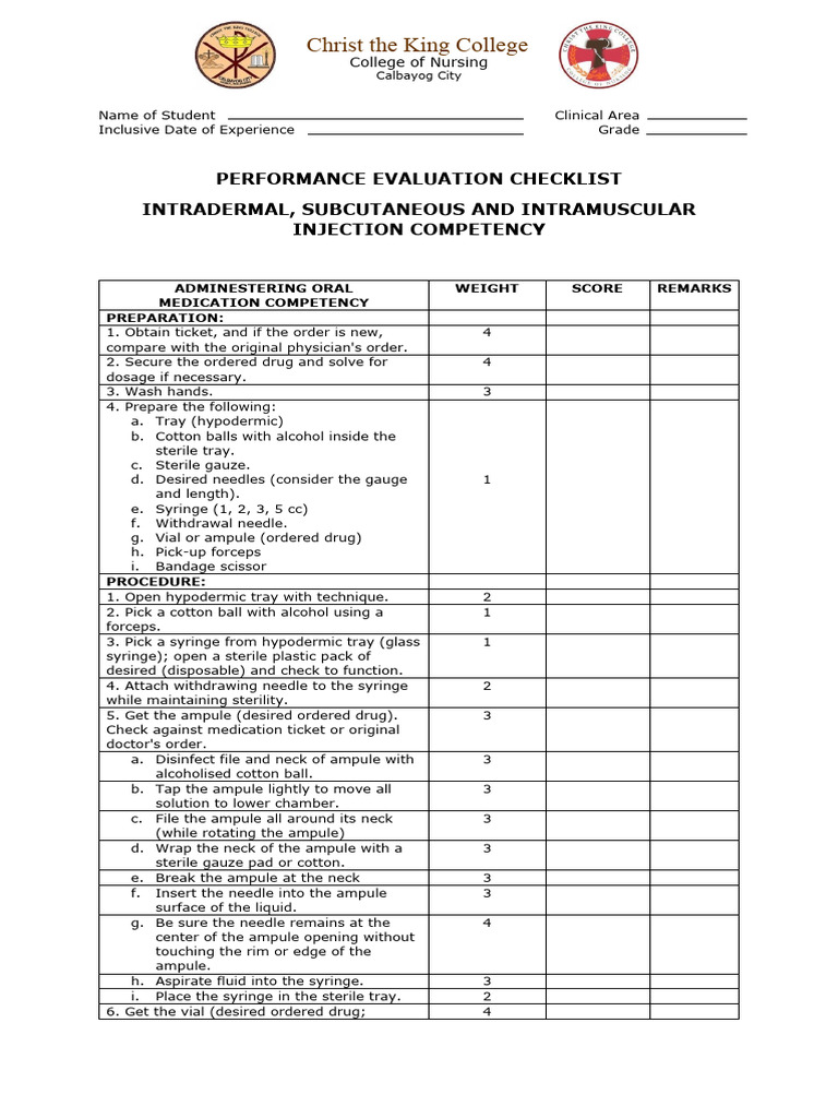 Injection Competency Evaluation Checklist | PDF | Injection (Medicine ...