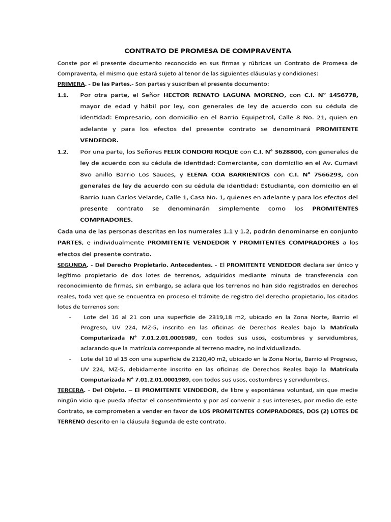 CONTRATO DE PROMESA DE COMPRAVENTA - Hector Laguna | PDF | Ley de ...