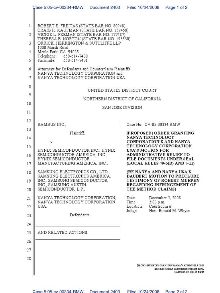 Proposed Order Granting Nanya S Administrative Motion To File Documents